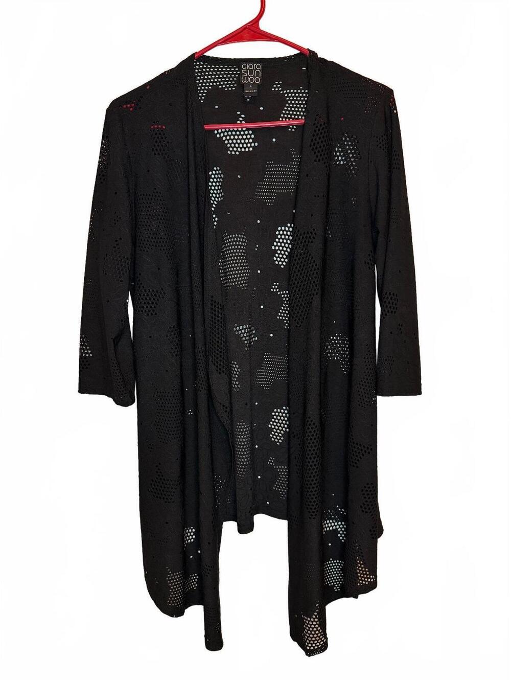Ciara Sun Woo Black Perforated Asymmetrical Open Front Floral Cardigan Large